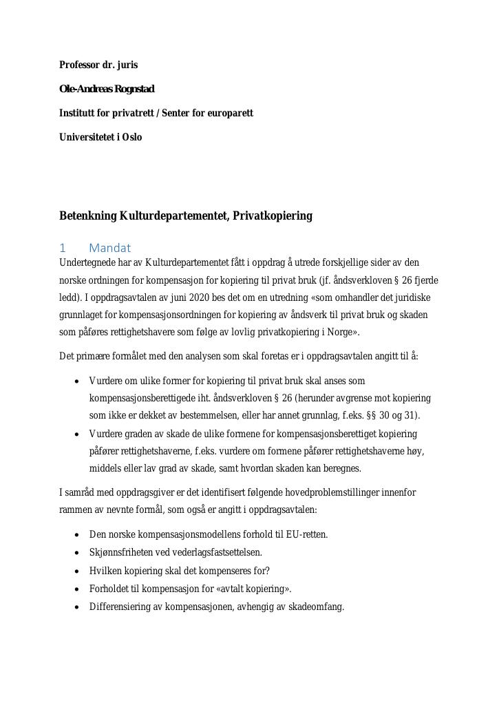 Forsiden av dokumentet Betenkning - privatkopiering