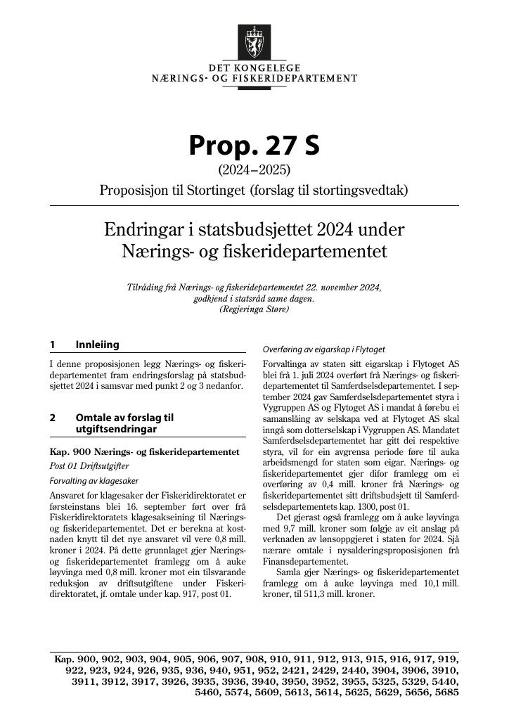 Forsiden av dokumentet Prop. 27 S (2024–2025)