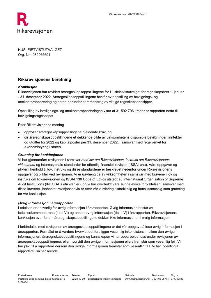 Forsiden av dokumentet Revisjonsberetning Husleietvistutvalget 2022