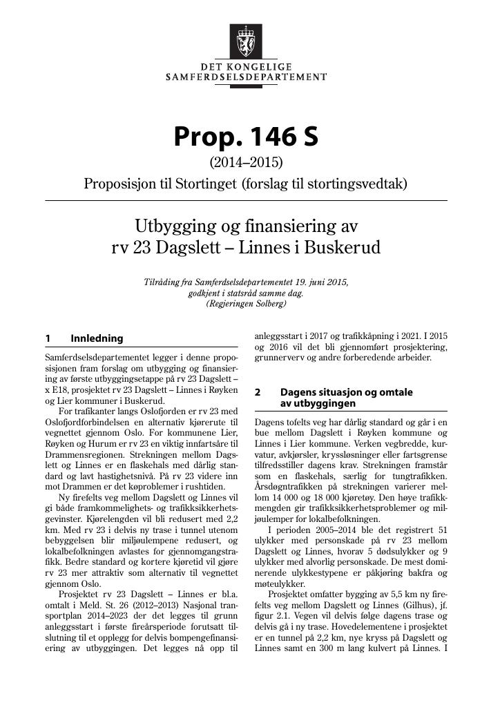Forsiden av dokumentet Prop. 146 S (2014–2015)