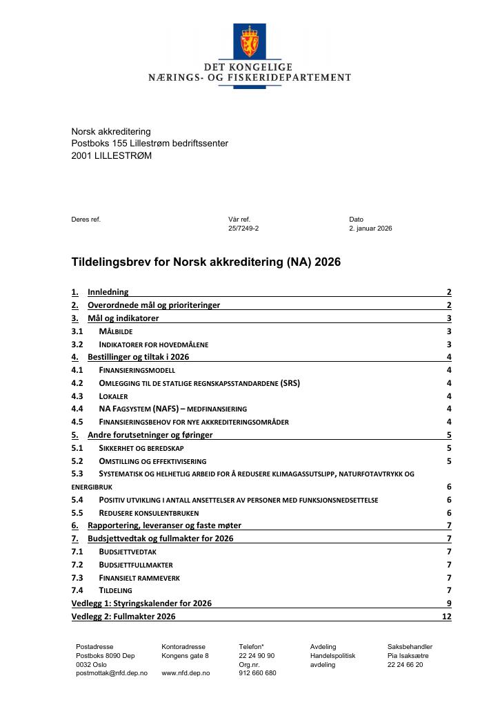 Forsiden av dokumentet Tildelingsbrev Norsk akkreditering 2026