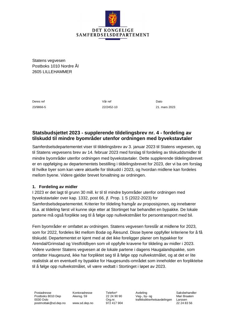 Forsiden av dokumentet Tildelingsbrev Statens vegvesen 2023 - tillegg nr. 4