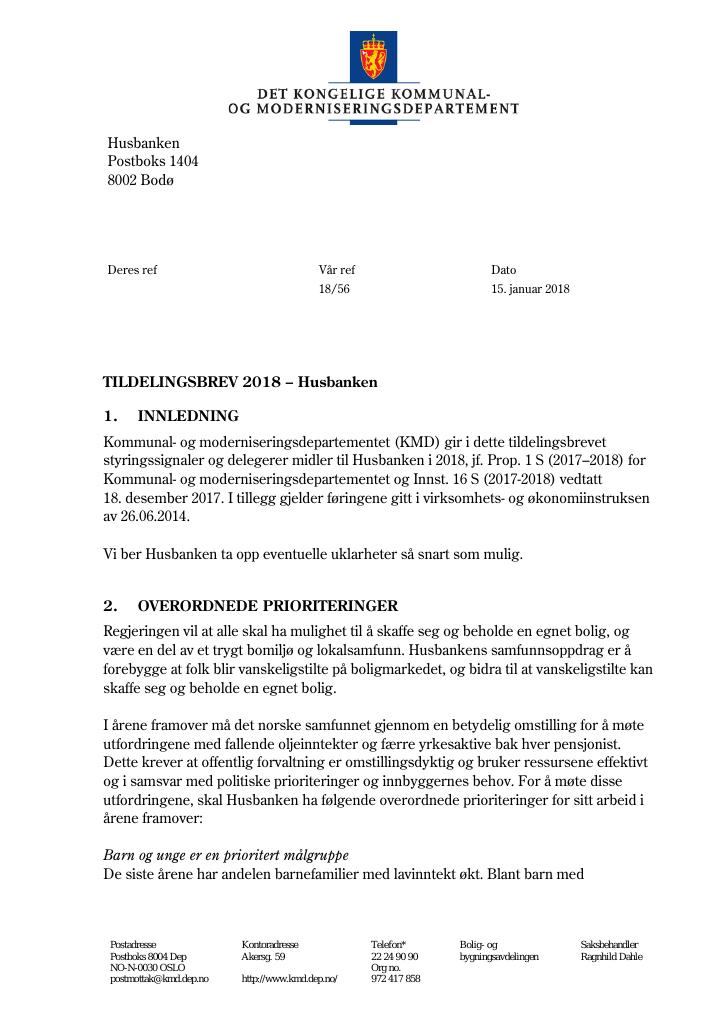 Forsiden av dokumentet Tildelingsbrev Husbanken 2018