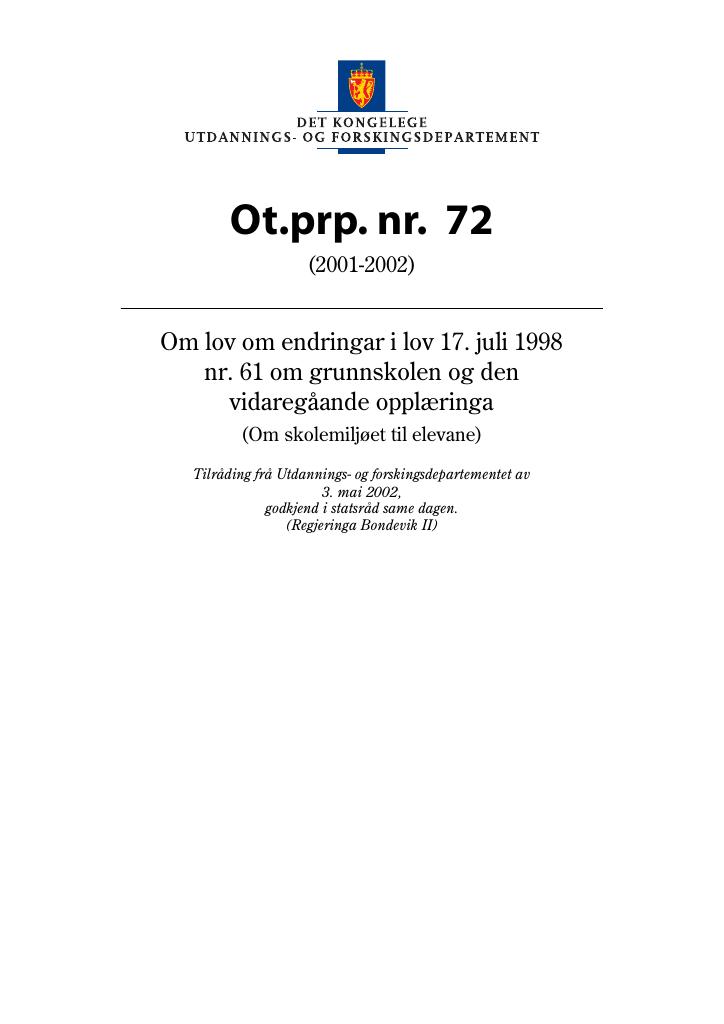 Forsiden av dokumentet Ot.prp. nr. 72 (2001-2002)