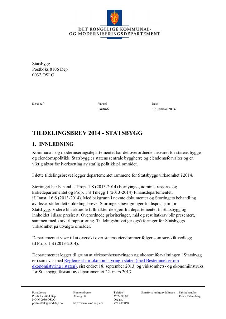 Forsiden av dokumentet Tildelingsbrev (pdf)