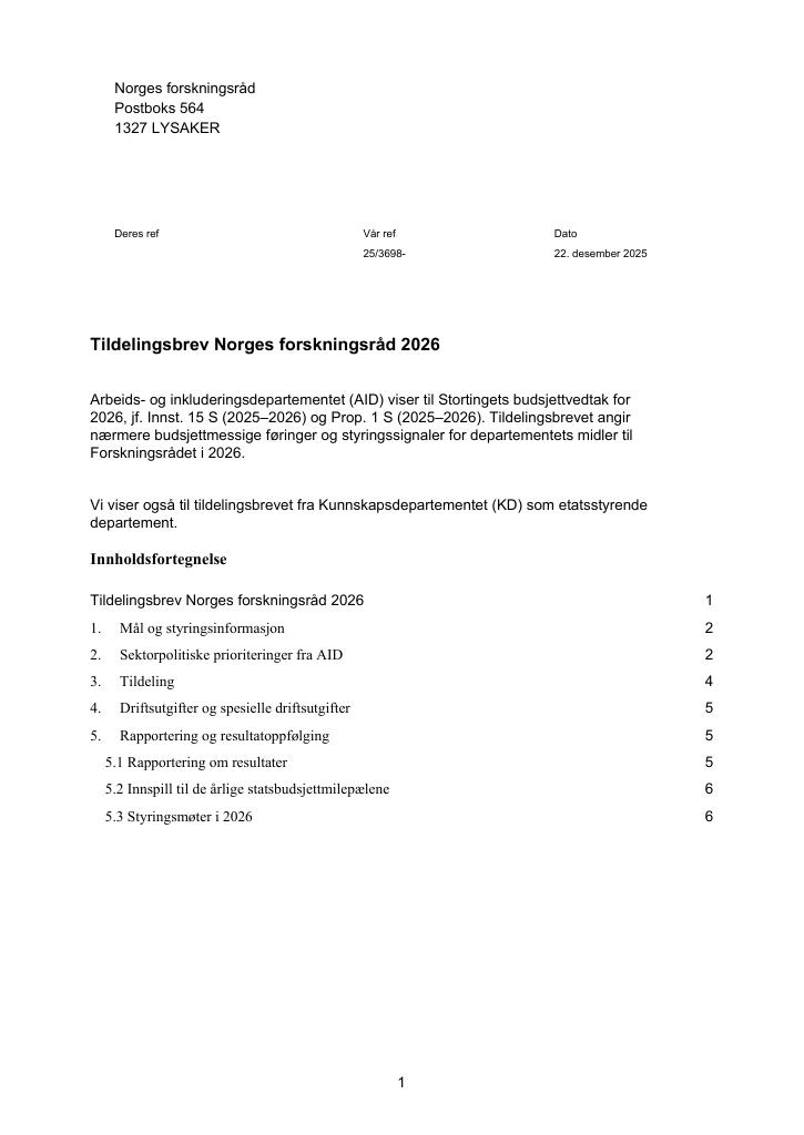 Forsiden av dokumentet Tildelingsbrev Norges forskningsråd 2026