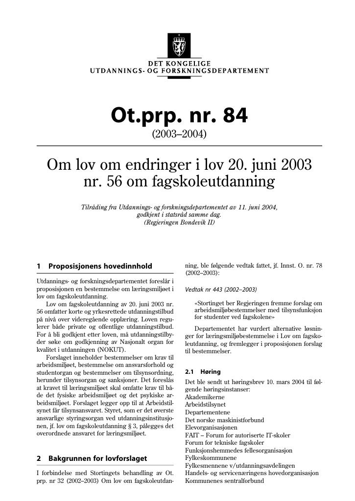 Forsiden av dokumentet Ot.prp. nr. 84 (2003-2004)