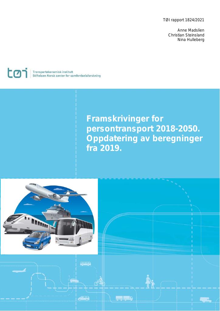 Forsiden av dokumentet Framskrivinger for persontransport 2018-2050. Oppdatering av beregninger fra 2019.