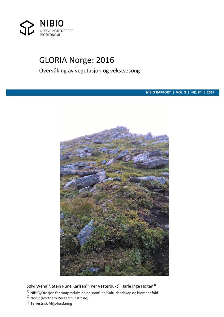 Forsiden av dokumentet GLORIA Norge 2016 – overvåkning av vegetasjon og vekstsesong