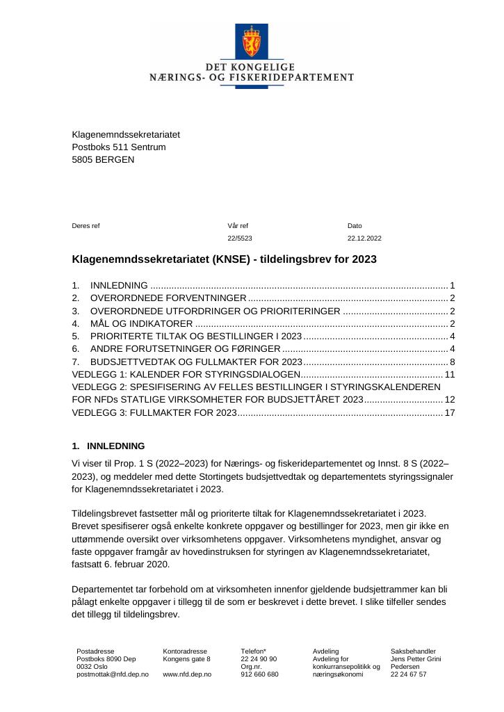 Tildelingsbrev Klagenemndssekretariatet 2023 - Kudos