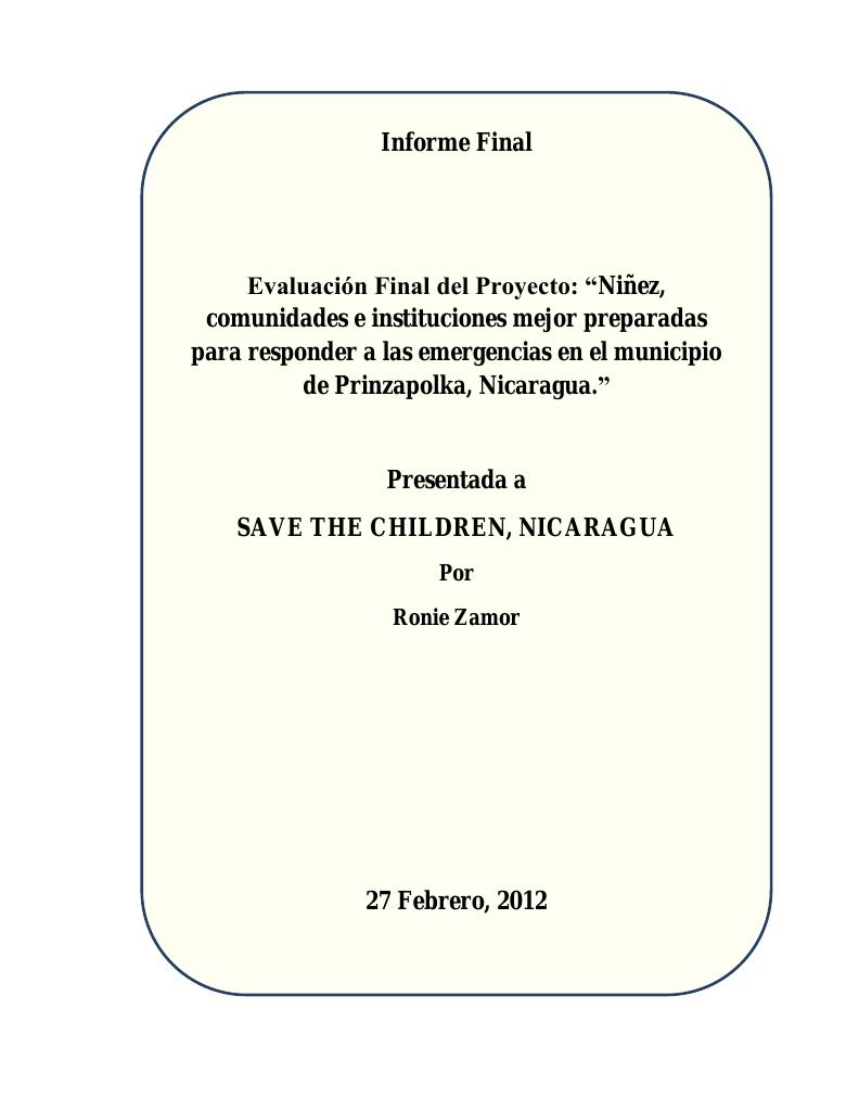 Forsiden av dokumentet Final evaluation of the project: “Children, communities and institutions better prepared to respond to emergencies in the municipality of Prinzapolka, Nicaragua”