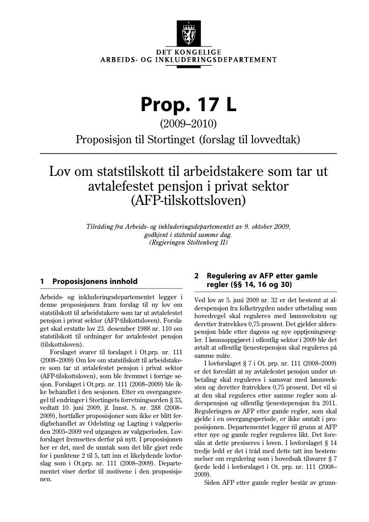 Forsiden av dokumentet Prop. 17 L (2009-2010)