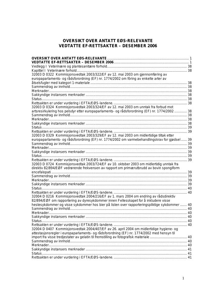 Forsiden av dokumentet Antatt EØS-relevante vedtatte EF-rettsakter - desember 2006