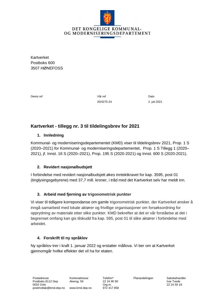 Forsiden av dokumentet Tildelingsbrev Kartverket 2021 - tillegg nr. 3