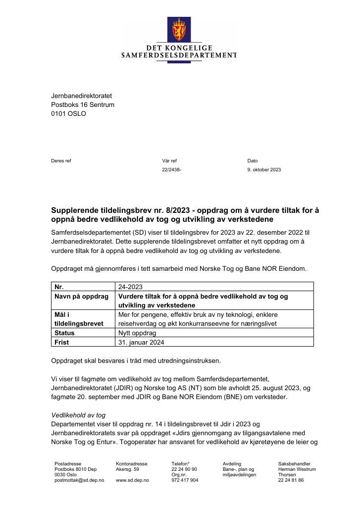 Forsiden av dokumentet Tildelingsbrev Jernbanedirektoratet 2023 - tillegg nr. 8