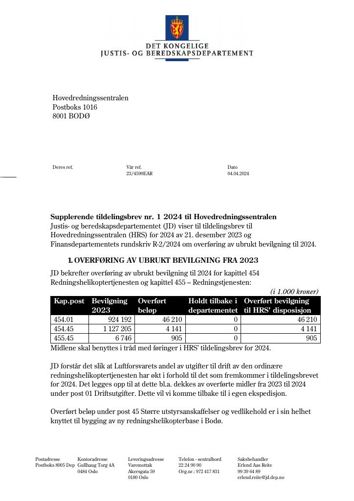 Forsiden av dokumentet Tildelingsbrev Hovedredningssentralen 2024 - tillegg