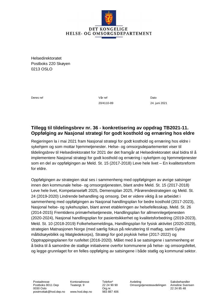 Forsiden av dokumentet Tildelingsbrev Helsedirektoratet 2021 - tillegg nr. 36