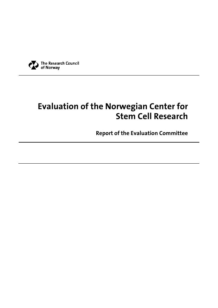 Forsiden av dokumentet Evaluation of the Norwegian Center for Stem Cell Research
