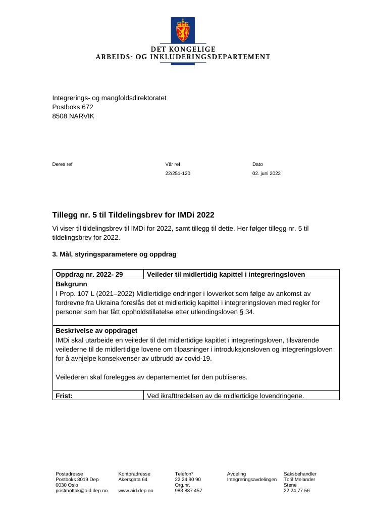 Forsiden av dokumentet Tildelingsbrev Integrerings- og mangfoldsdirektoratet (IMDi) 2022 - tillegg nr. 5