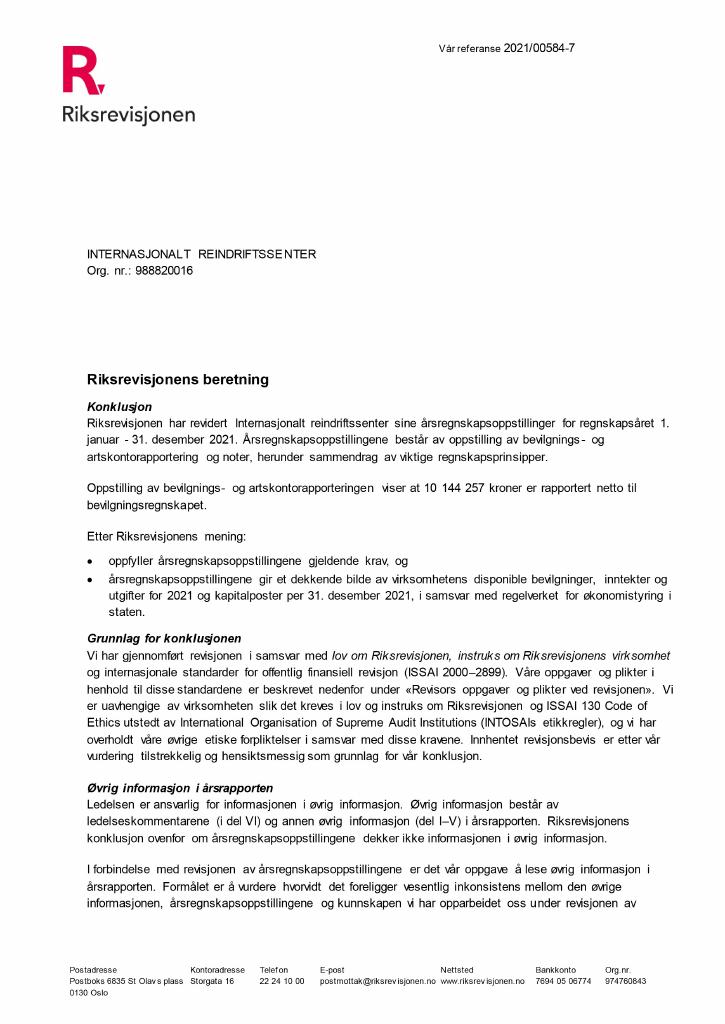 Forsiden av dokumentet Revisjonsberetning.pdf 2021