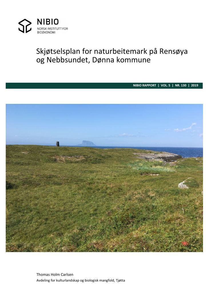 Forsiden av dokumentet Skjøtselsplan for naturbeitemark på Rensøya og Nebbsundet, Dønna kommune.