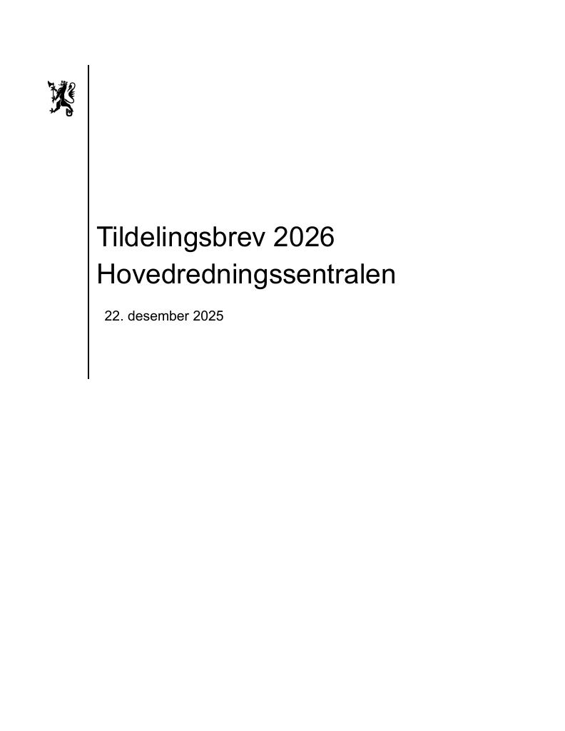 Forsiden av dokumentet Tildelingsbrev Hovedredningssentralen 2026