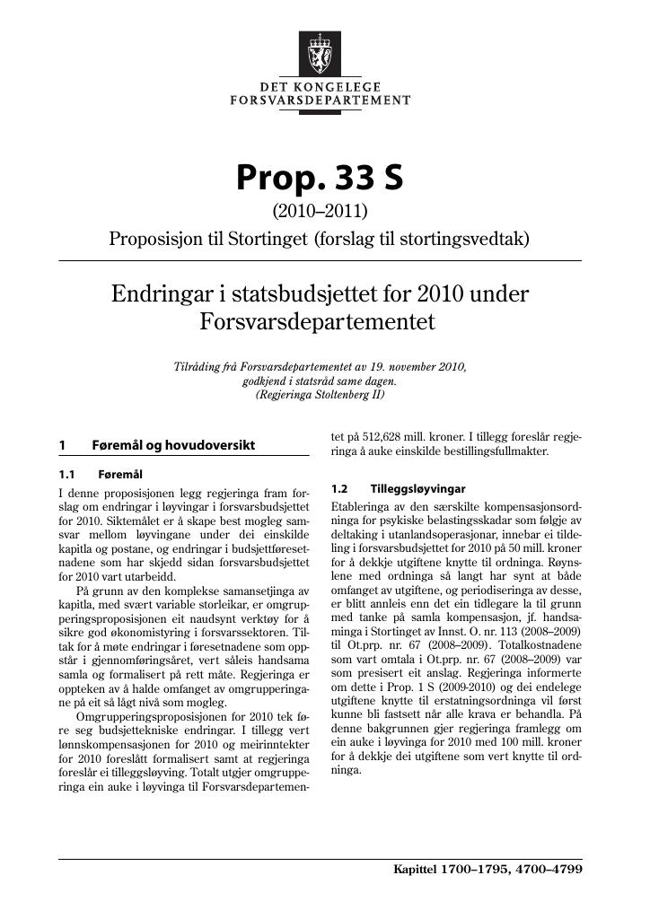 Forsiden av dokumentet Prop. 33 S (2010–2011)