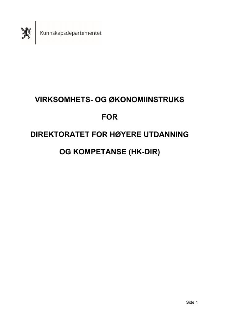 Forsiden av dokumentet Virksomhets- og økonomiinstruks for Direktoratet for høyere utdanning og kompetanse