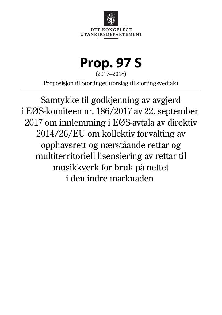 Forsiden av dokumentet Prop. 97 S (2017–2018)