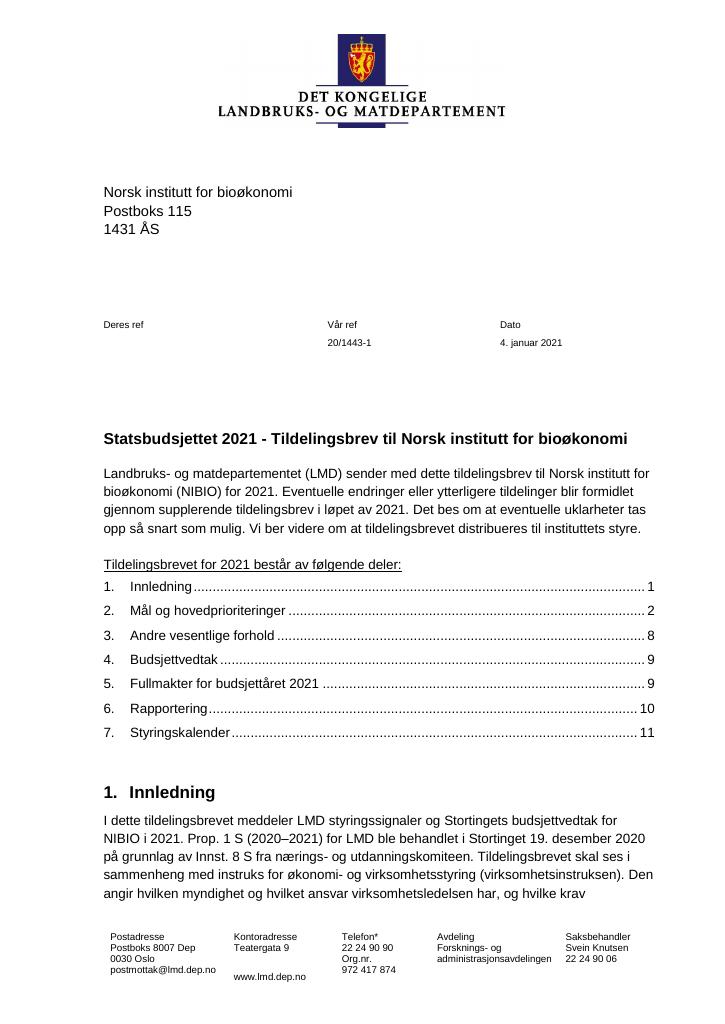 Forsiden av dokumentet Tildelingsbrev Norsk institutt for bioøkonomi 2021