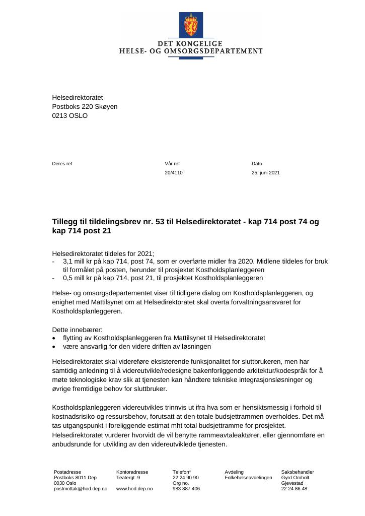 Forsiden av dokumentet Tildelingsbrev Helsedirektoratet 2021 - tillegg nr. 53