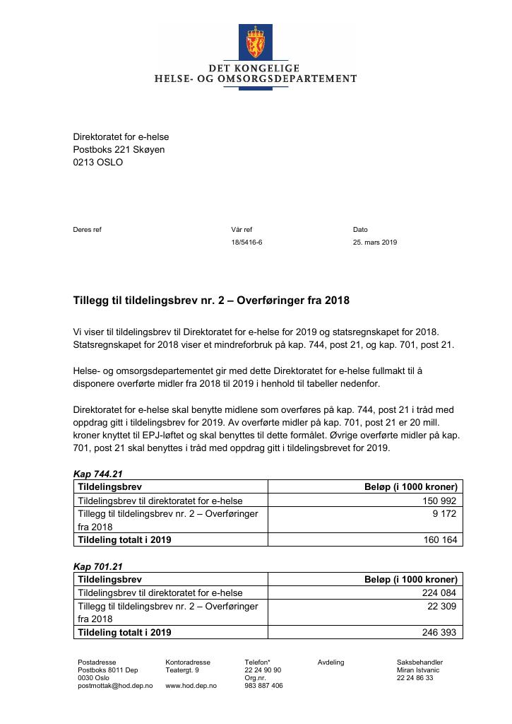 Forsiden av dokumentet Tildelingsbrev Direktoratet for e-helse 2019 - tillegg nr. 2