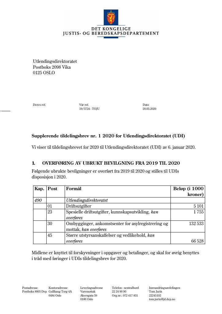 Forsiden av dokumentet Tildelingsbrev Utlendingsdirektoratet 2020 - tillegg nr. 1