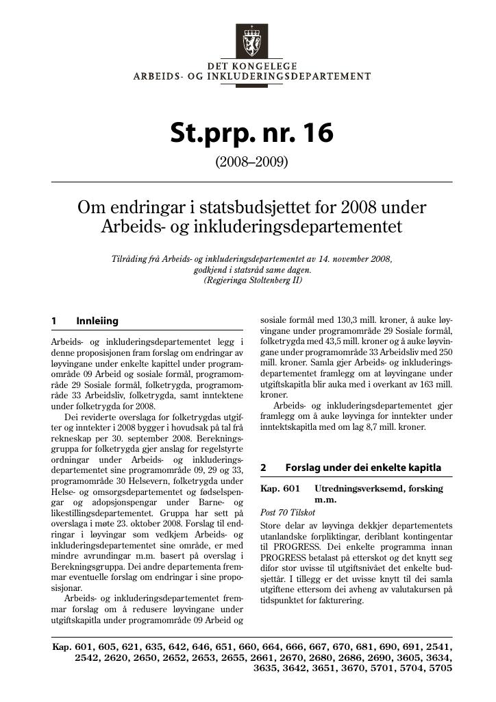 Forsiden av dokumentet St.prp. nr. 16 (2008-2009)