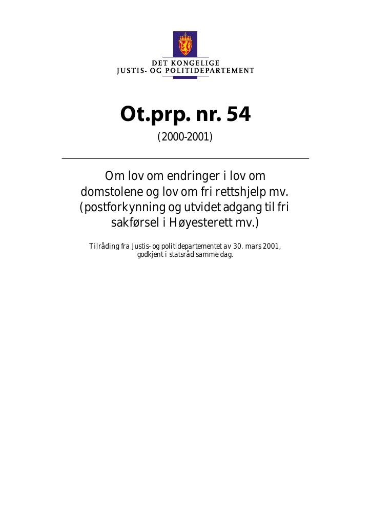 Forsiden av dokumentet Ot.prp. nr. 54 (2000-2001)