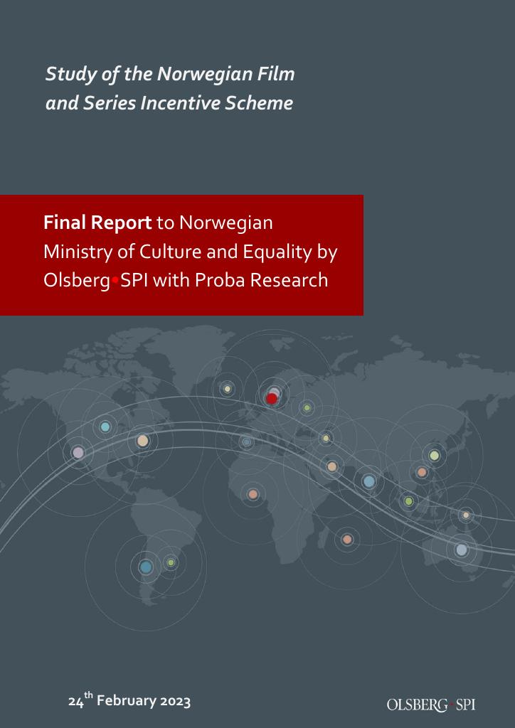 Forsiden av dokumentet Rapport om filminsentivordningen for film og dramaproduksjoner