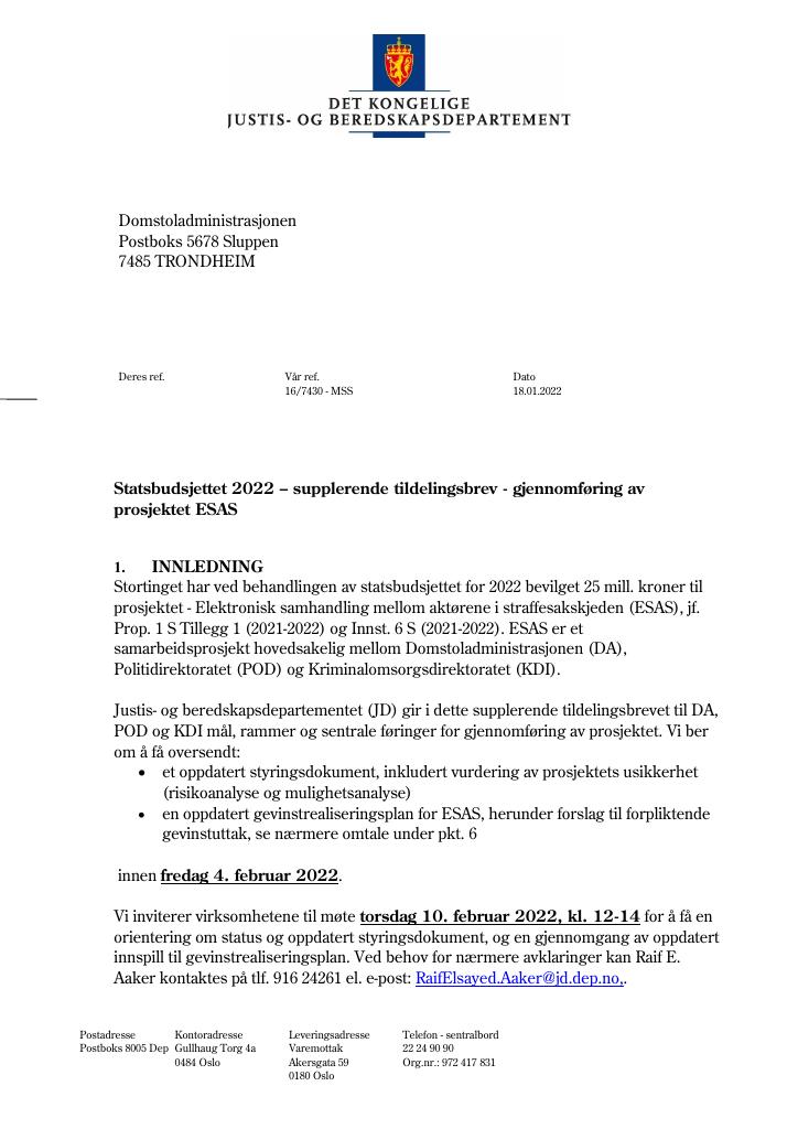 Forsiden av dokumentet Tildelingsbrev Domstoladministrasjonen 2022 - tillegg nr. 1