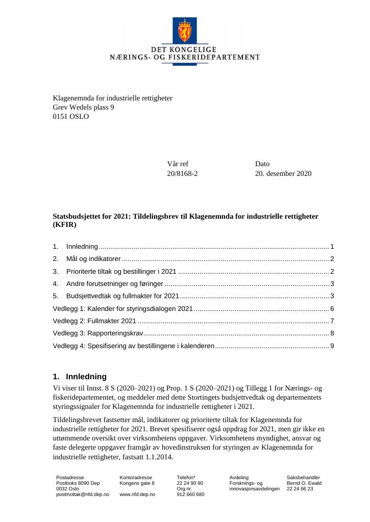 Forsiden av dokumentet Tildelingsbrev Klagenemnda for industrielle rettigheter 2021