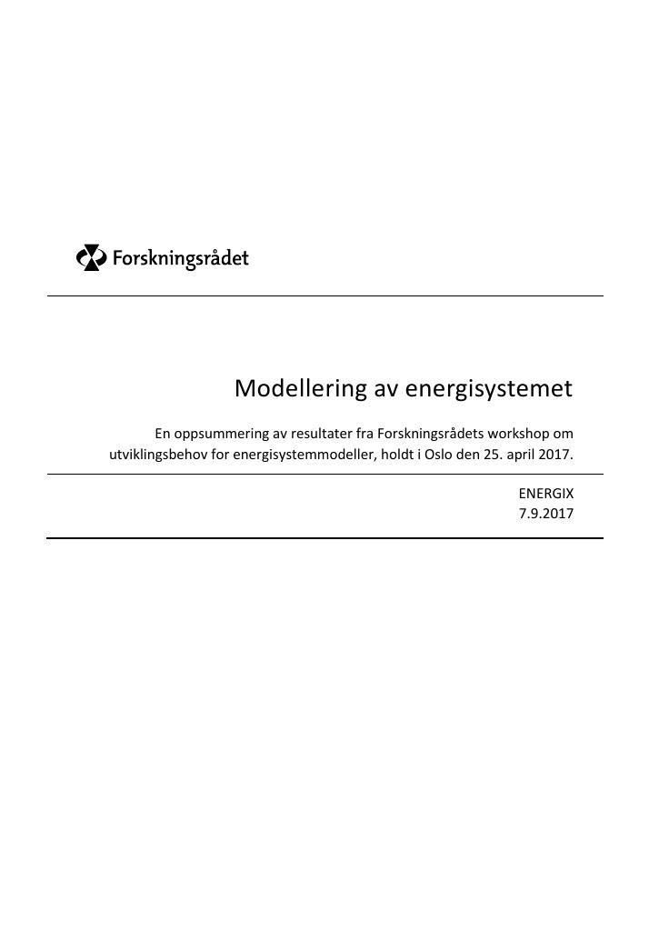 Forsiden av dokumentet Rapport fra workshop om modellering av energisystemet 2017