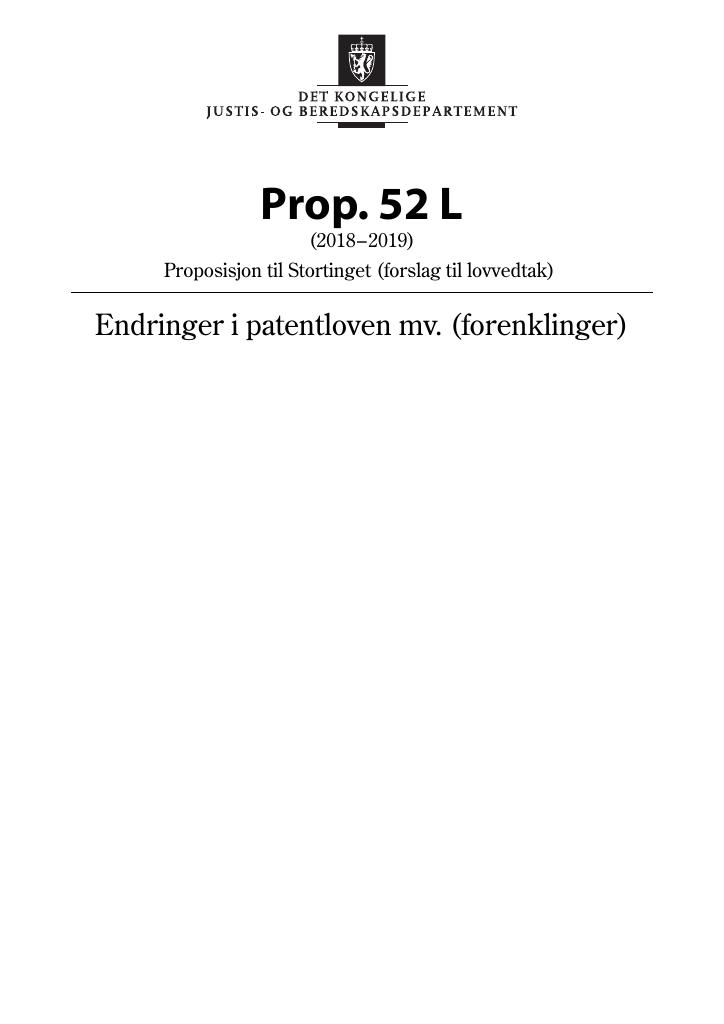 Forsiden av dokumentet Prop. 52 L (2018–2019)