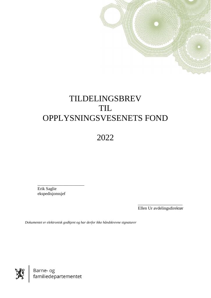 Forsiden av dokumentet Tildelingsbrev Opplysningsvesenets fond 2022