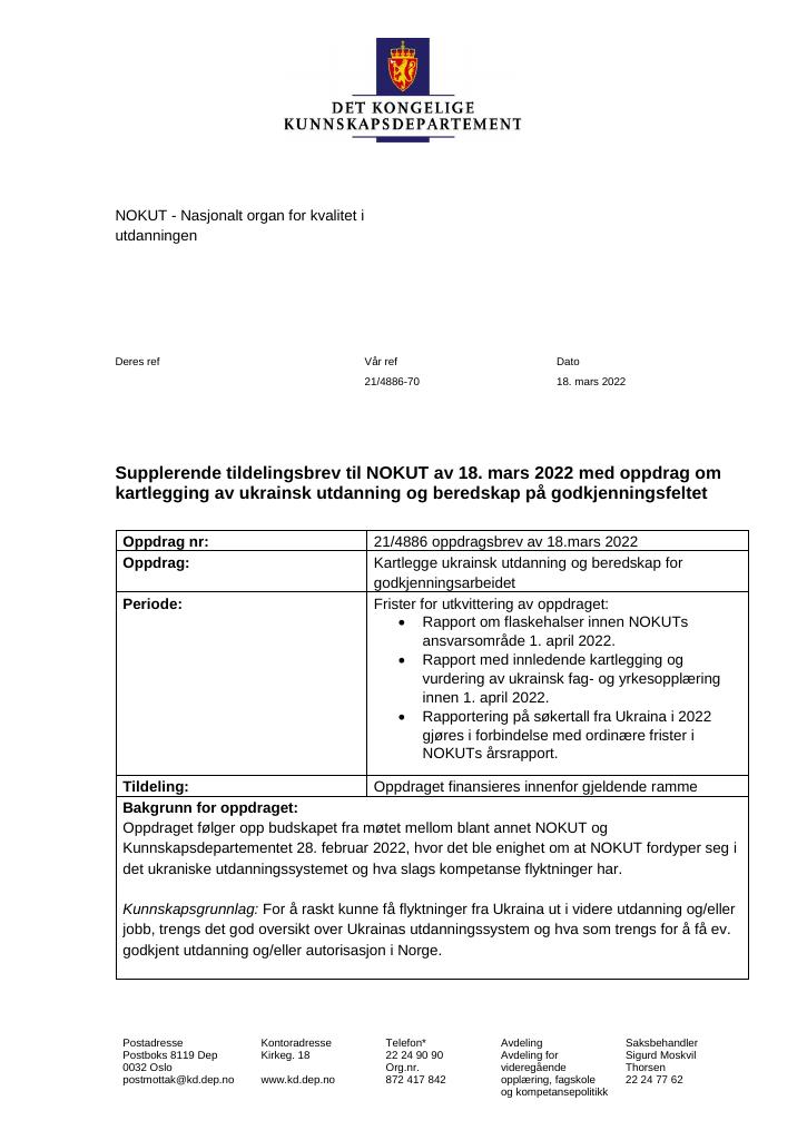 Forsiden av dokumentet Tildelingsbrev NOKUT 2022 - tillegg nr. 2