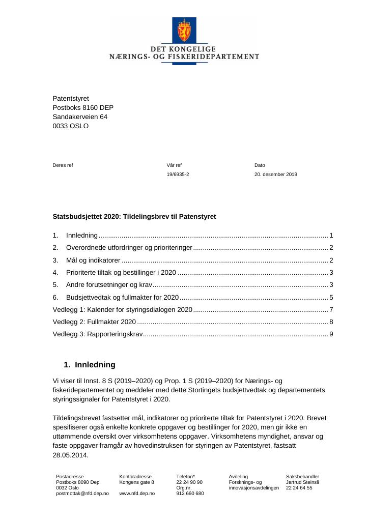 Forsiden av dokumentet Tildelingsbrev Patentstyret 2020