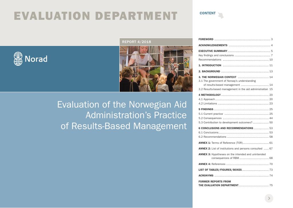 Forsiden av dokumentet Evaluation of the Norwegian Aid Administration’s Practice of Results-Based Management