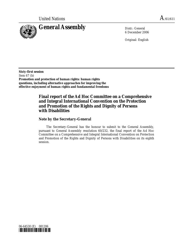 Forsiden av dokumentet Final report of the Ad Hoc Committee on a Comprehensive and Integral International Convention on the Protection and Promotion of the Rights and Dignity of Persons with Disabilities