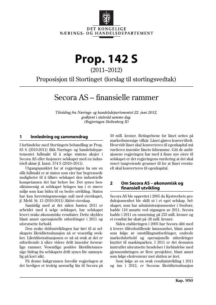 Forsiden av dokumentet Prop. 142 S (2011–2012)