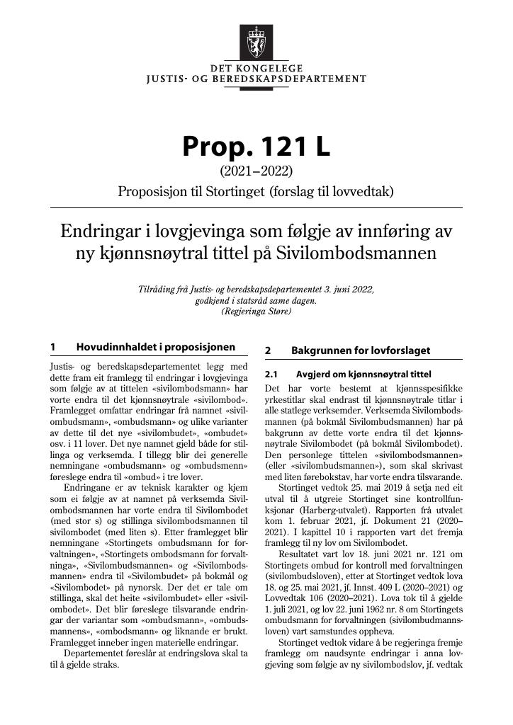 Forsiden av dokumentet Prop. 121 L (2021–2022)