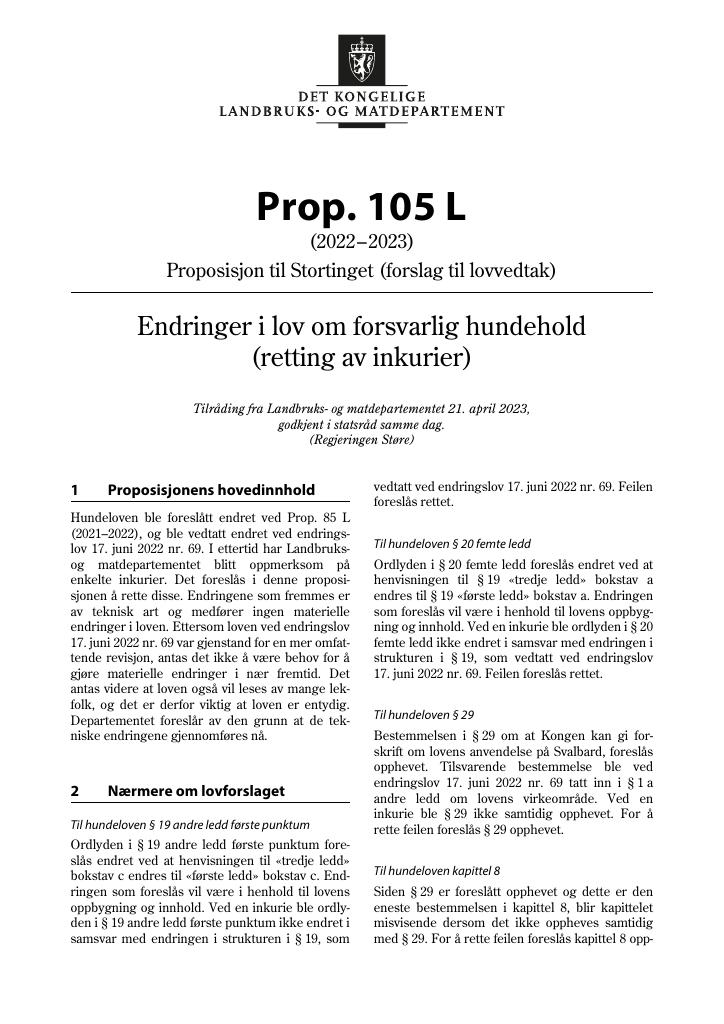 Forsiden av dokumentet Prop. 105 L (2022–2023)