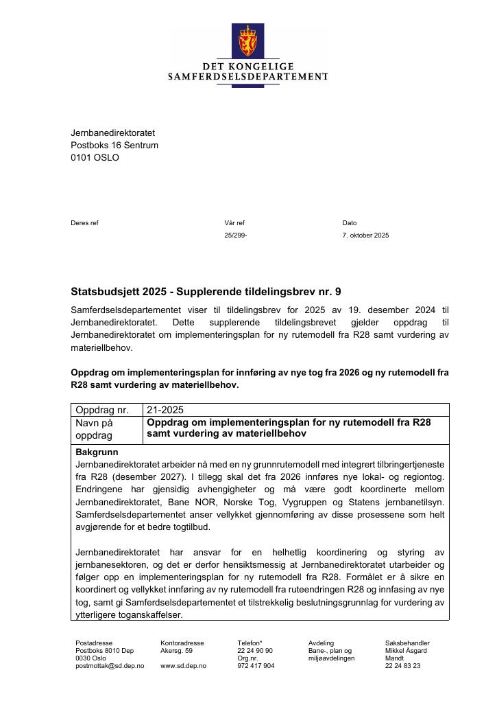 Forsiden av dokumentet Tildelingsbrev Jernbanedirektoratet 2025 - tillegg nr. 9