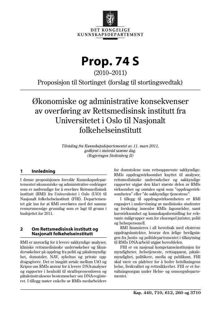 Forsiden av dokumentet Prop. 74 S (2010–2011)